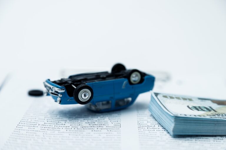 Accident car breakdown and insurance policy, money compensation on white background