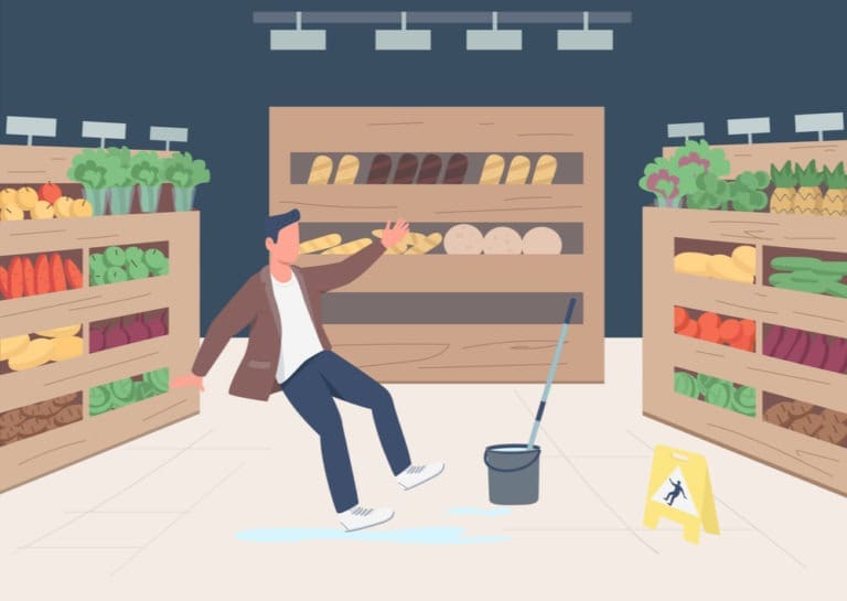 vector of a guy slipping and falling at a grocery store