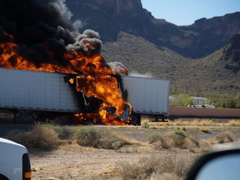 semi-truck on fire