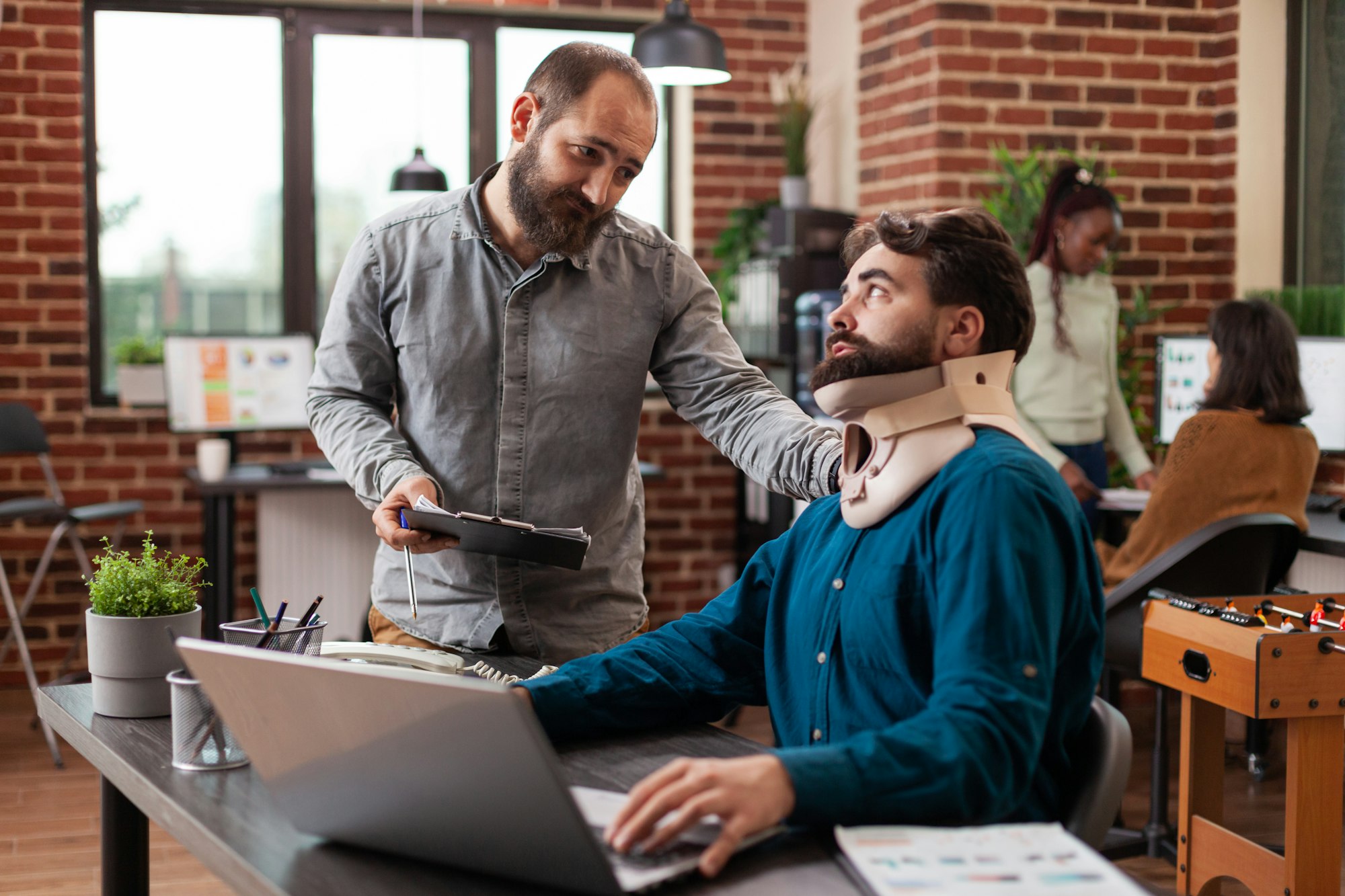 Injured entrepreneur suffering accident having neck pain