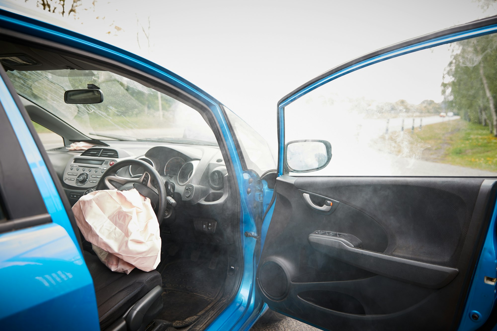 Interior Of Car After Accident With Safety Airbag Deployed