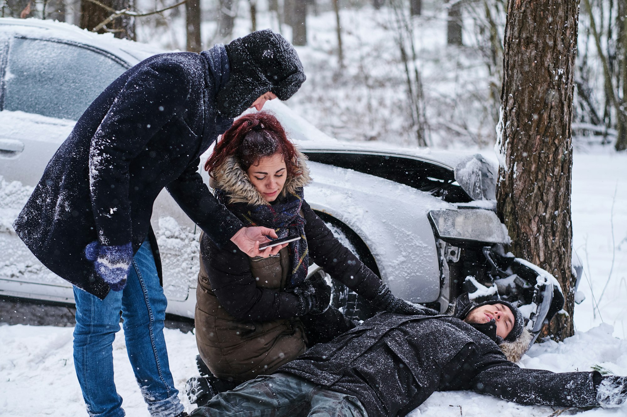Car accident in winter vorest with one injured