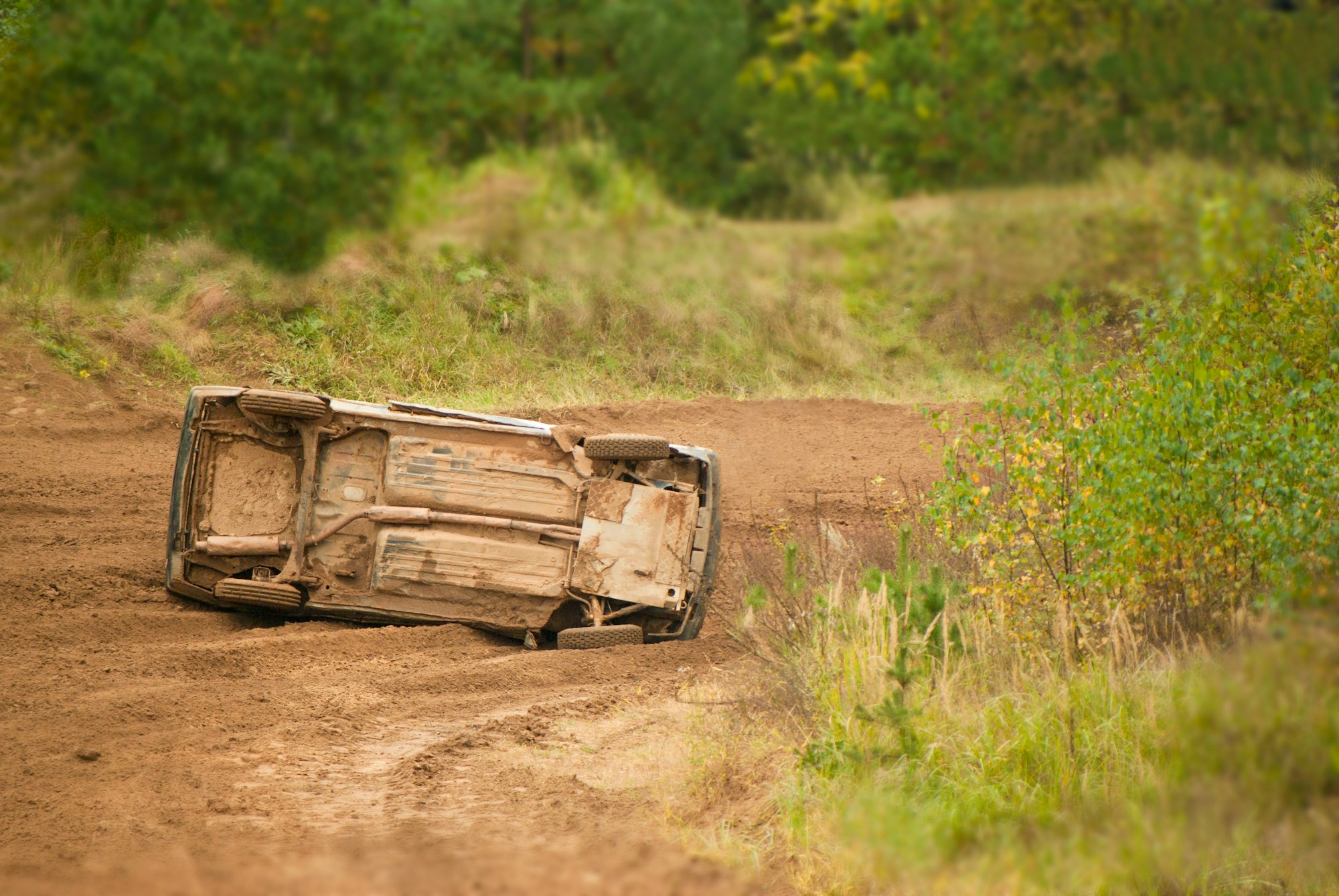 overturned during the accident, the car is upside down