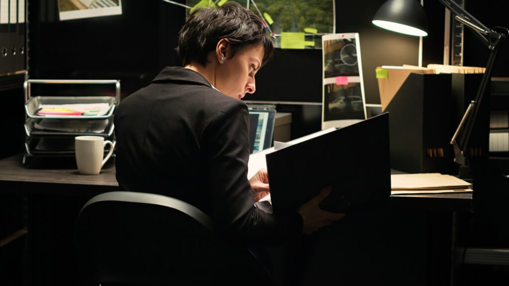 a woman sitting at a desk reading a book