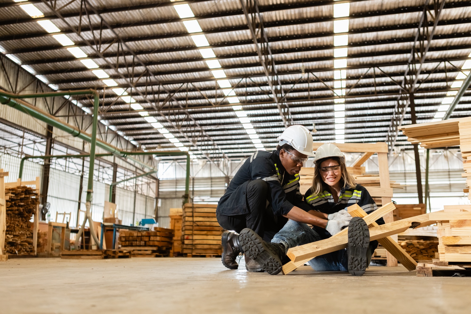 Factory Industrial accidents concept. Engineer accidents in wood processing industry.