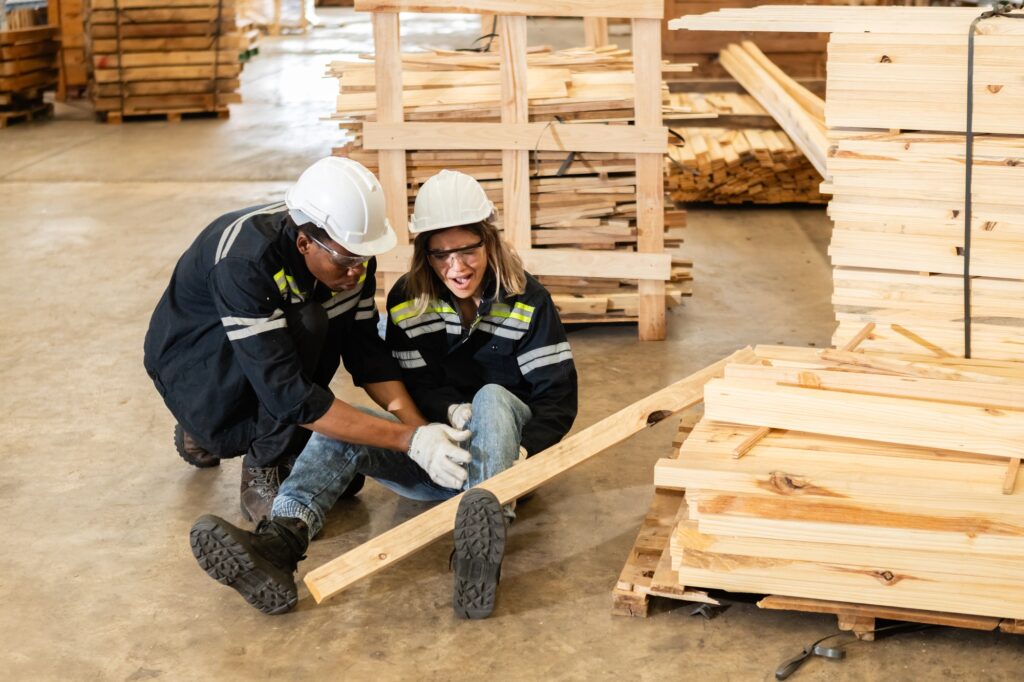 Factory Industrial accidents concept. Engineer accidents in wood processing industry.